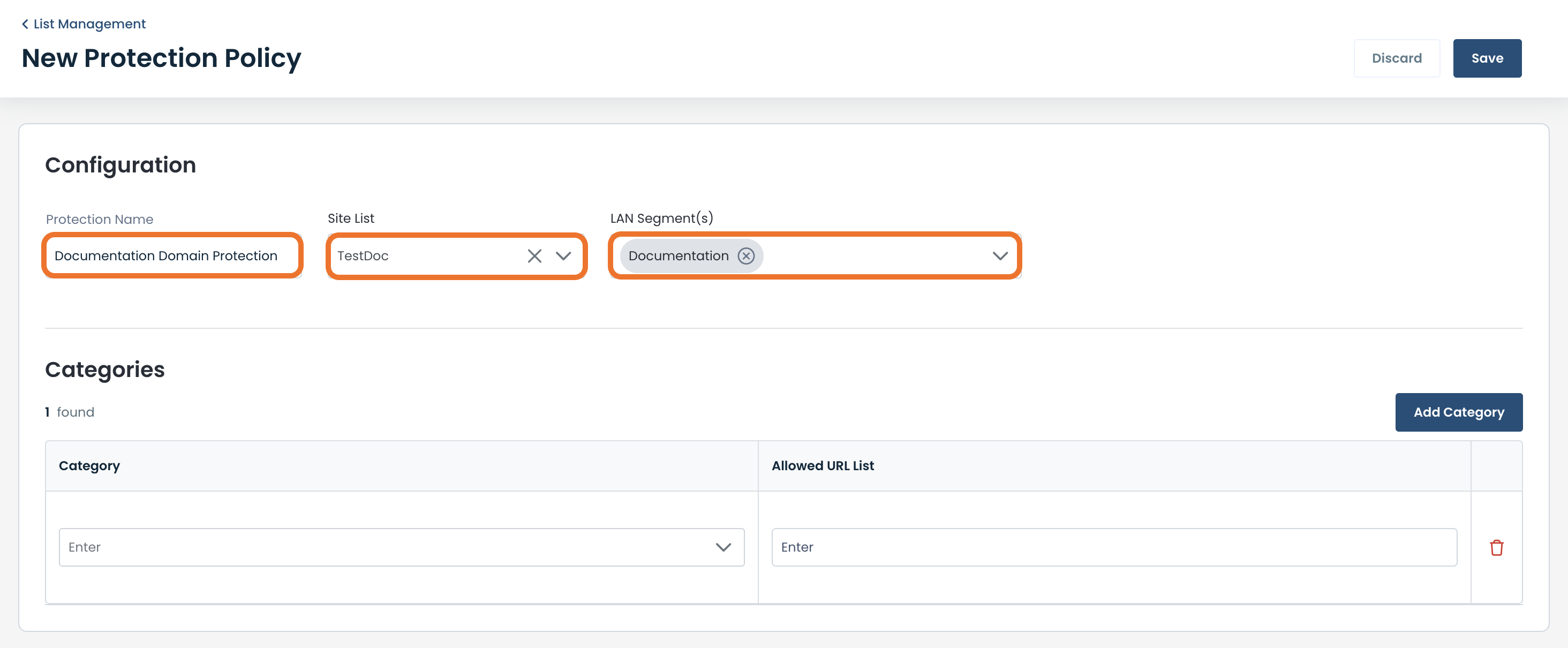 Configuration settings for a new protection policy including site list and LAN segments.